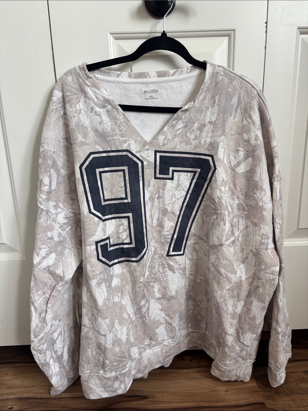 Hollister Taupe Camouflage V-Neck Sweatshirt with Navy '97 Graphic